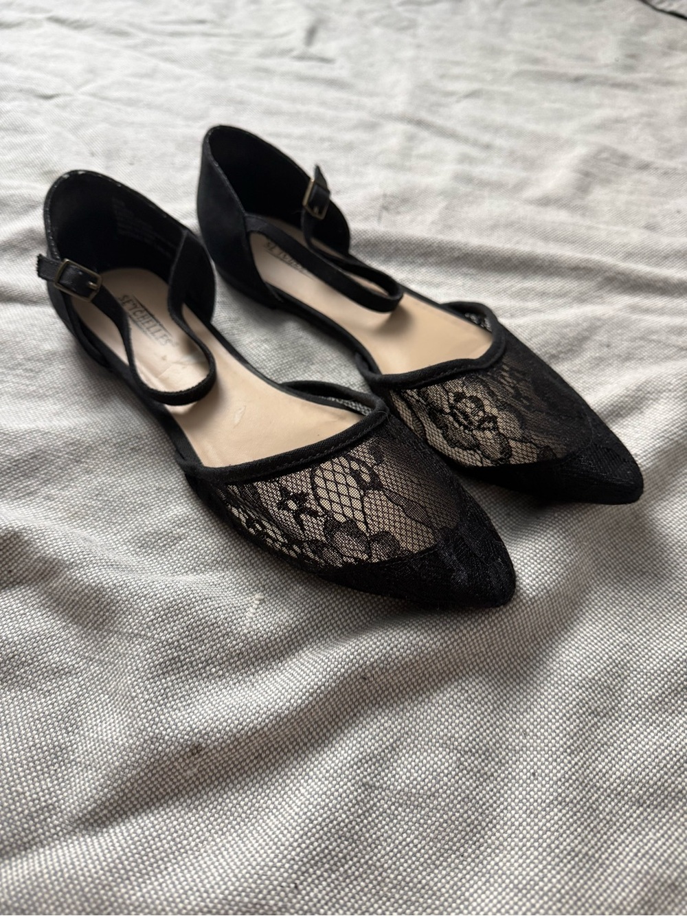 Seychelles Black Lace Pointed D'Orsay Flats with Ankle Strap